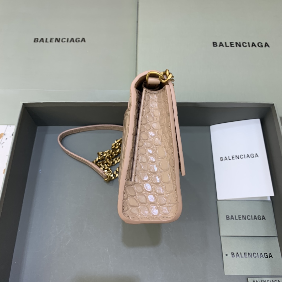 Balenciaga Big Hourglass Wallet With Chain Crocodile Embossed Shoulder Bag Light Coffee